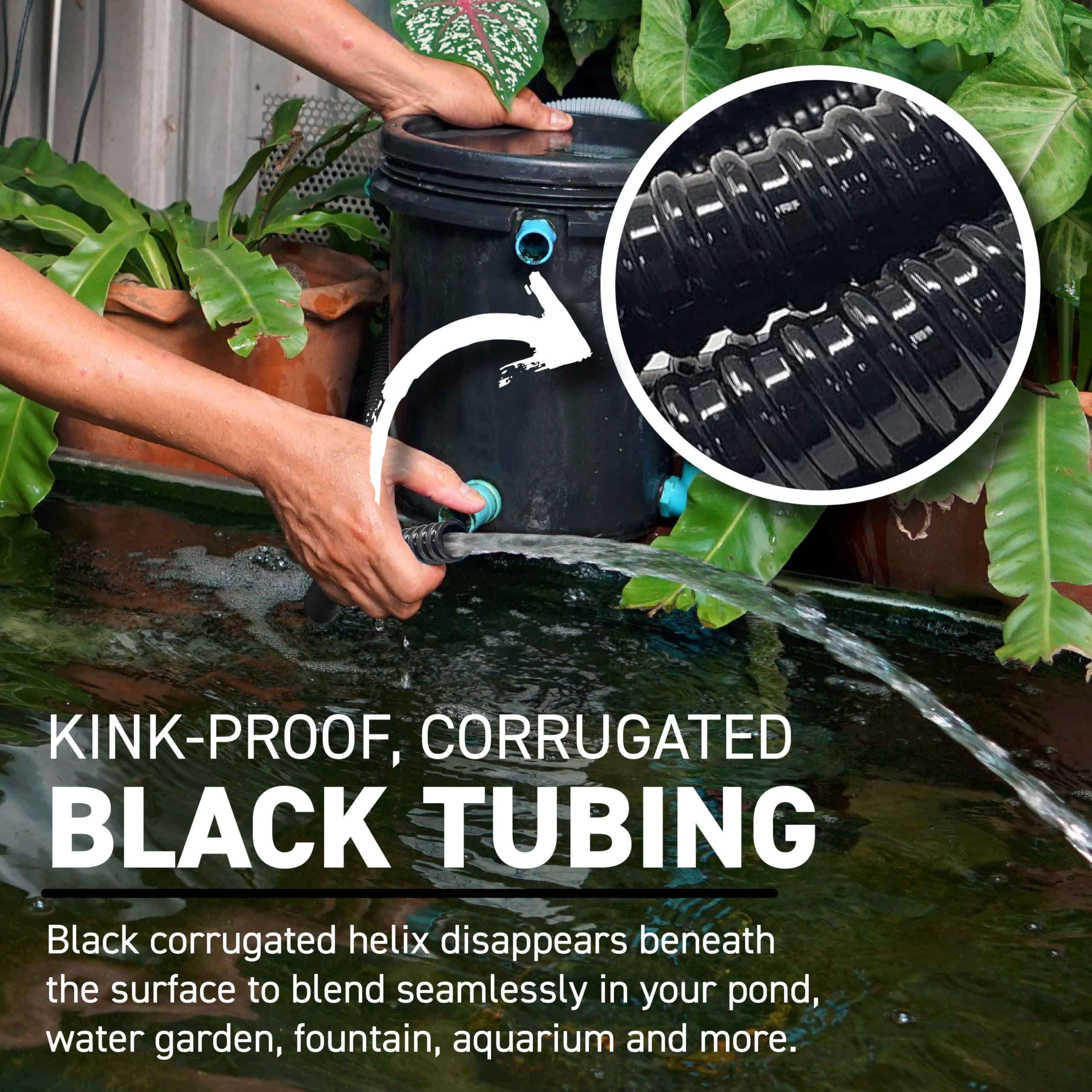 Sealproof kinkproof tubing under water, blending into the pond