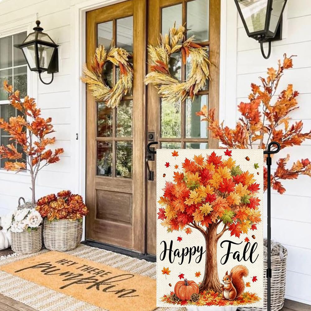 Seasonal display of ARGOOGFG garden flag among autumn foliage