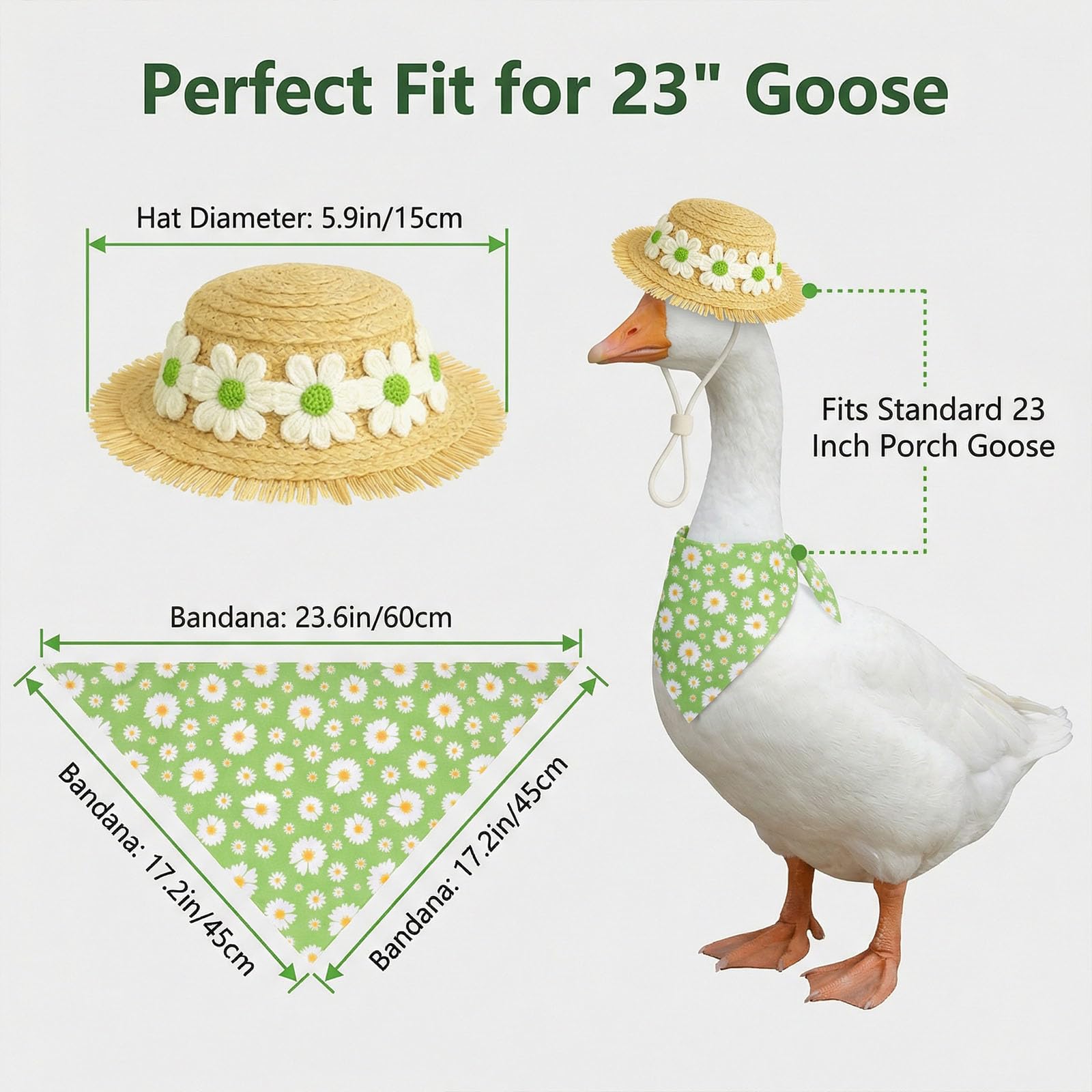 Seasonal porch goose decor with straw hat and bib