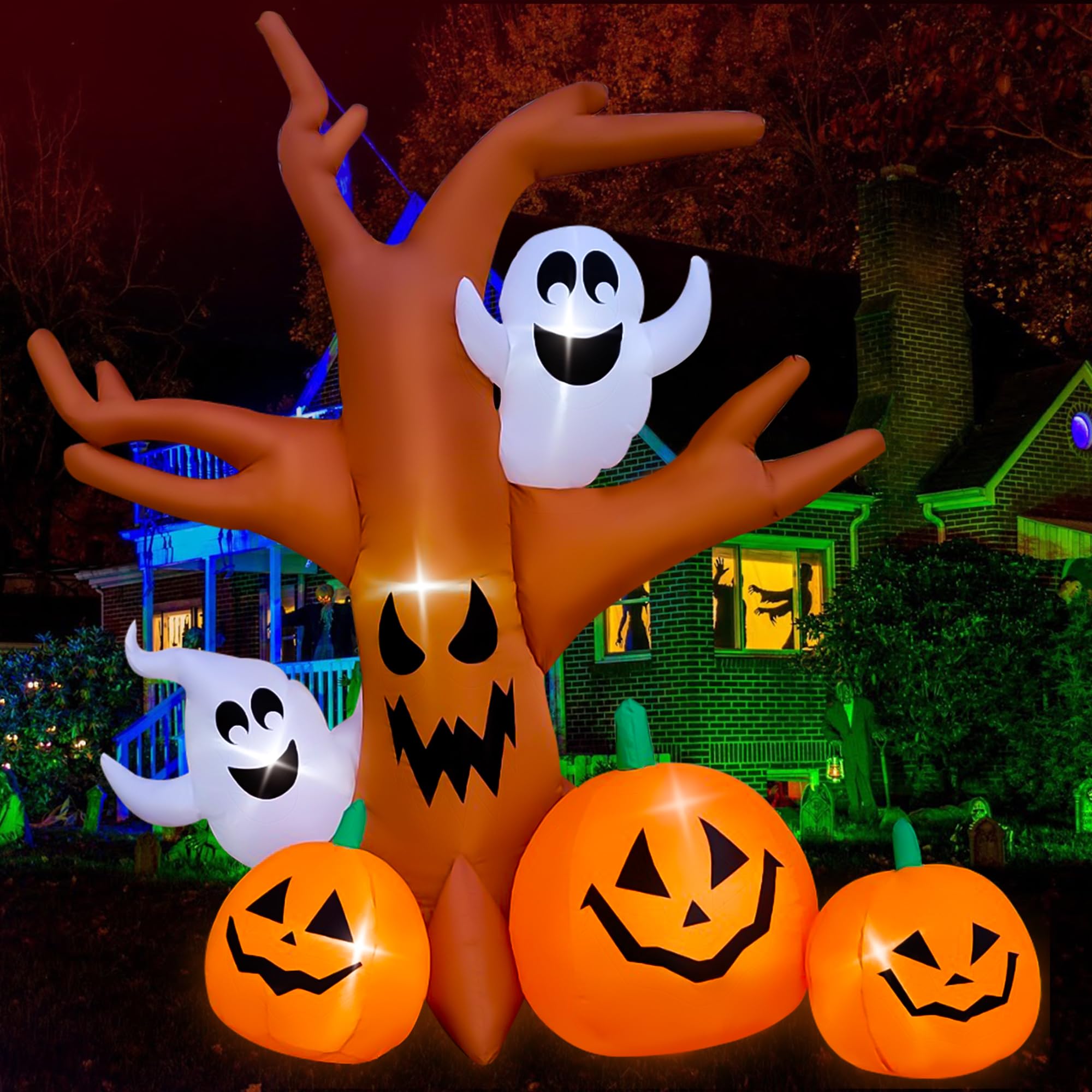 SEASONBLOW 8 Ft Halloween Inflatable Dead Tree with Ghosts Pumpkins front view
