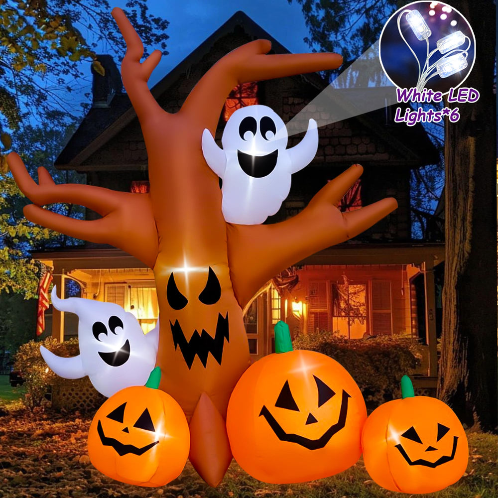 SEASONBLOW inflatable dead tree with built-in LED lights illuminated at night