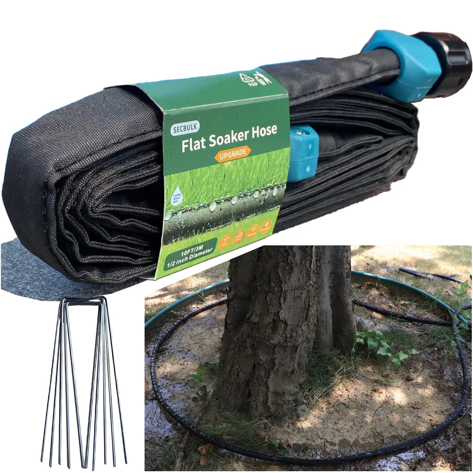 Secbulk 10ft Flat Soaker Hose, black color, shown on garden soil