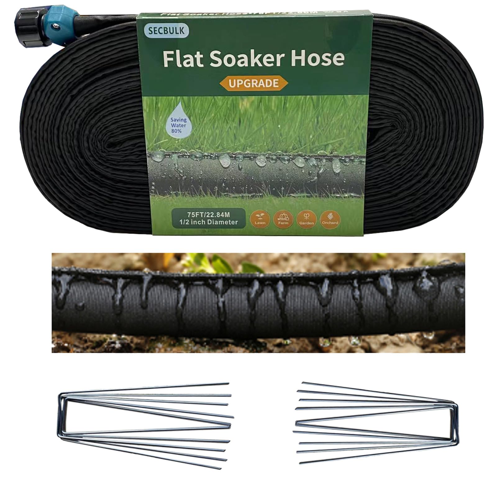Secbulk 75 ft Flat Soaker Hose front view with stakes