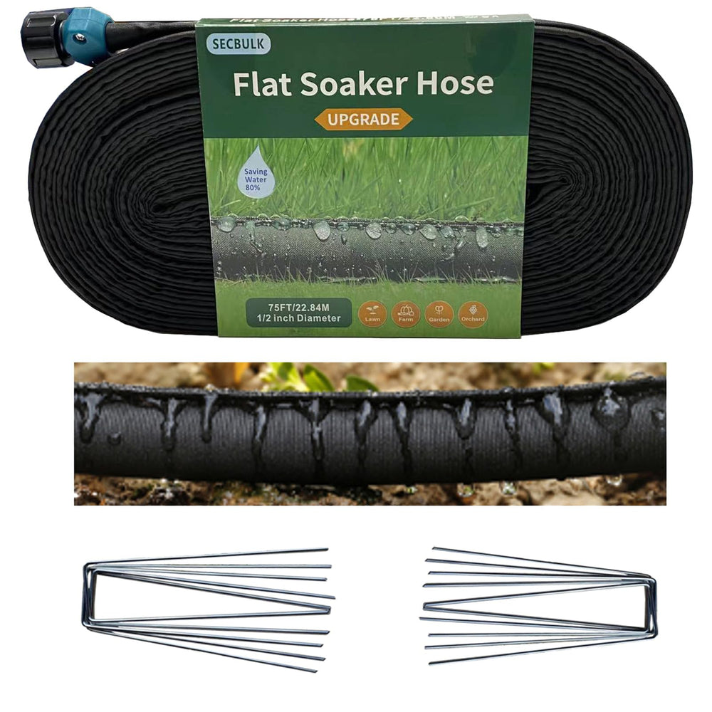 Secbulk 75 ft Flat Soaker Hose front view with stakes