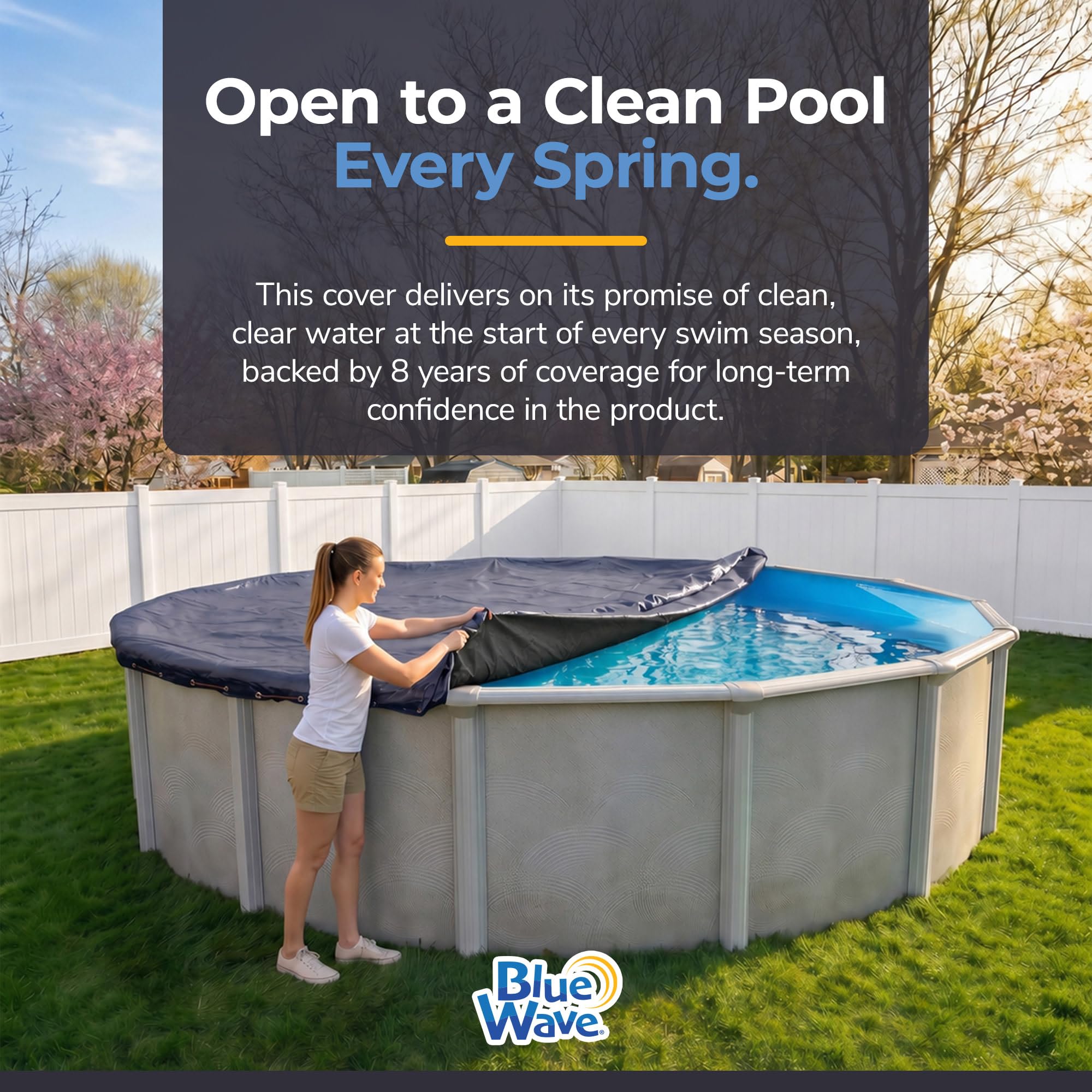 Securely installed Blue Wave pool winter cover