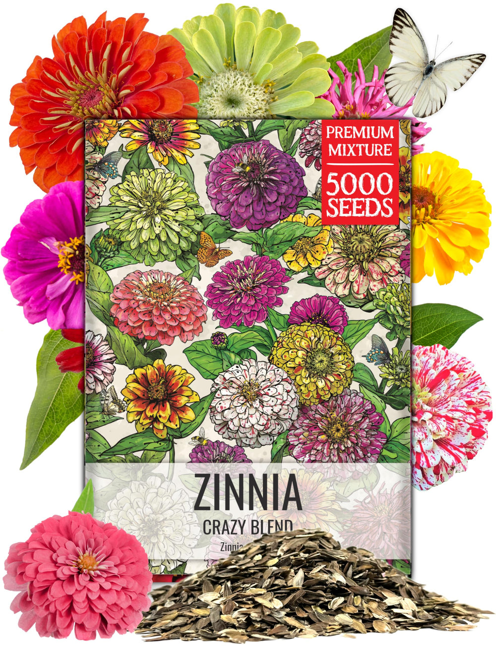Seed Needs Crazy Zinnia Seeds packet front view with vibrant flower illustration