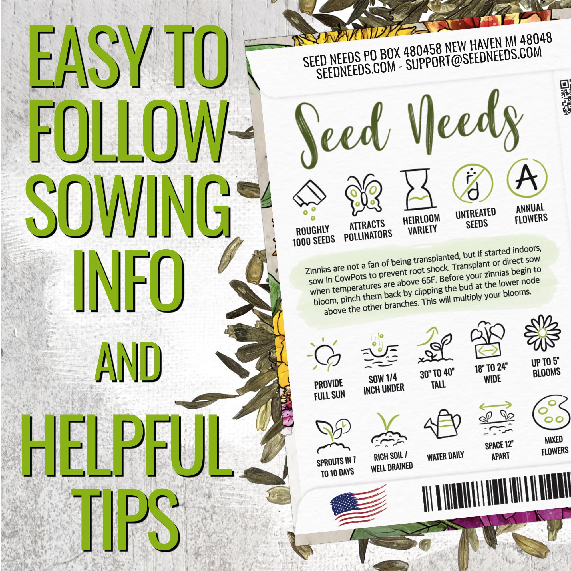 Seed Needs Crazy Zinnia seeds spread on a surface
