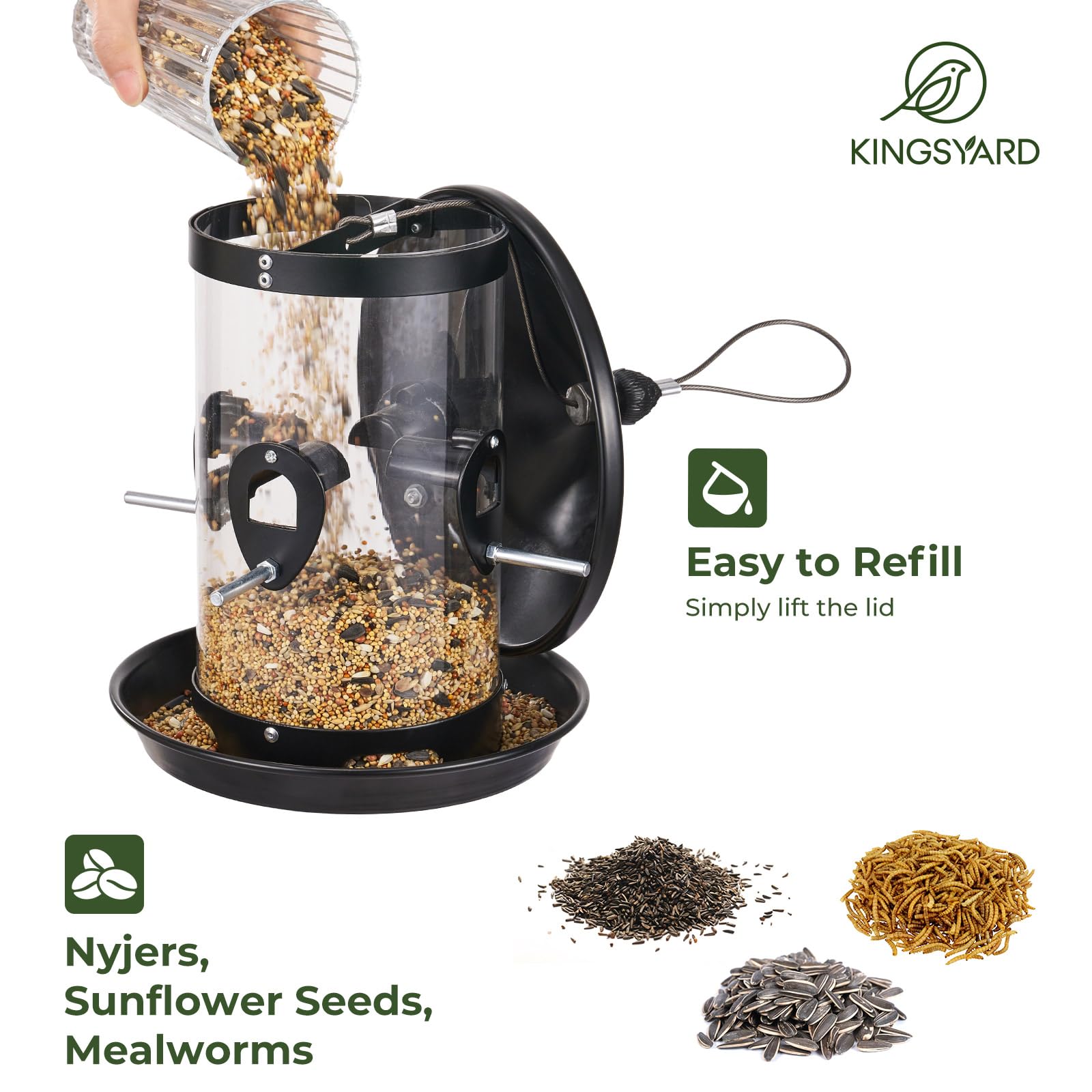 Seed tray of Kingsyard Large Metal Bird Feeder filled with seeds