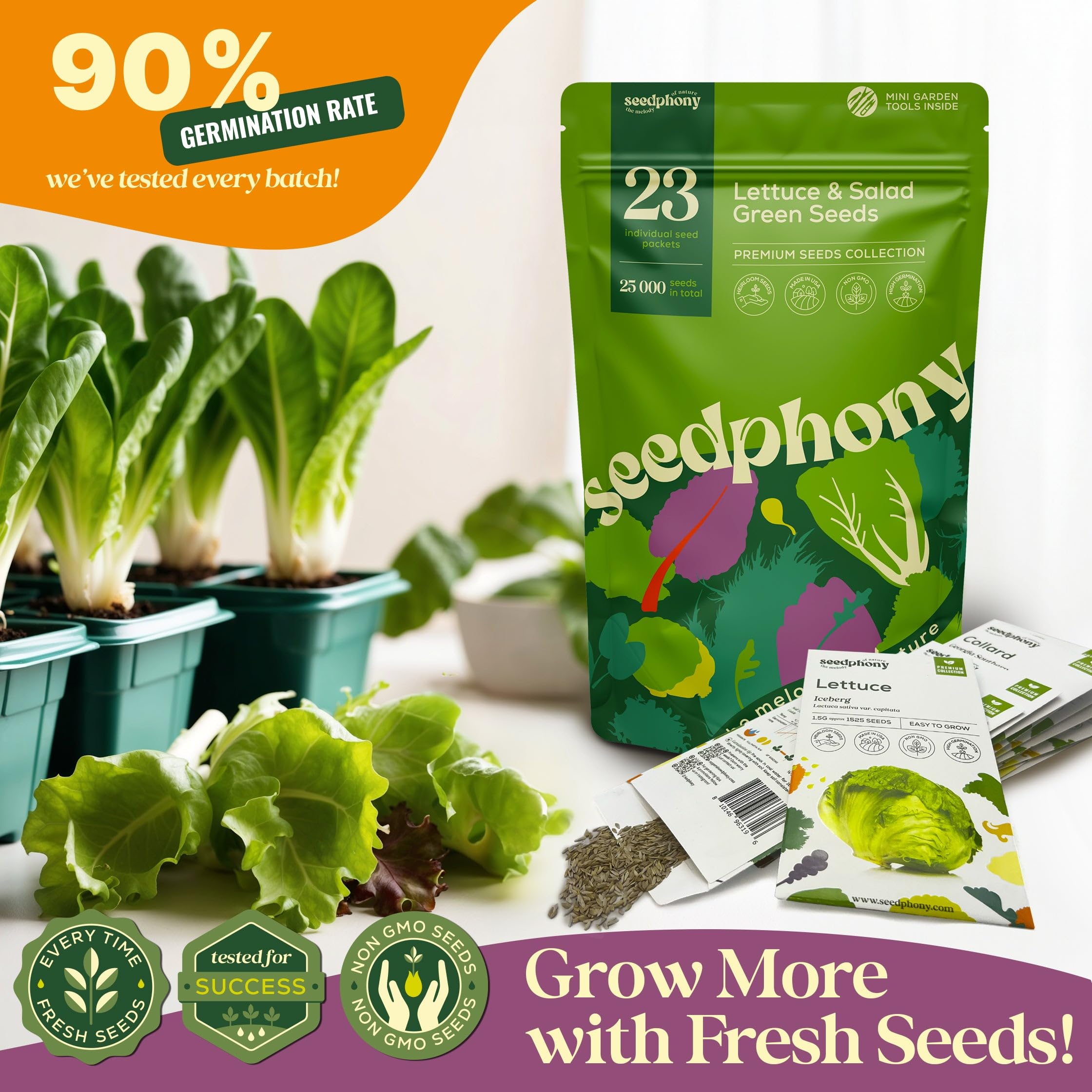 Seedphony lettuce seeds variety pack displayed outdoors