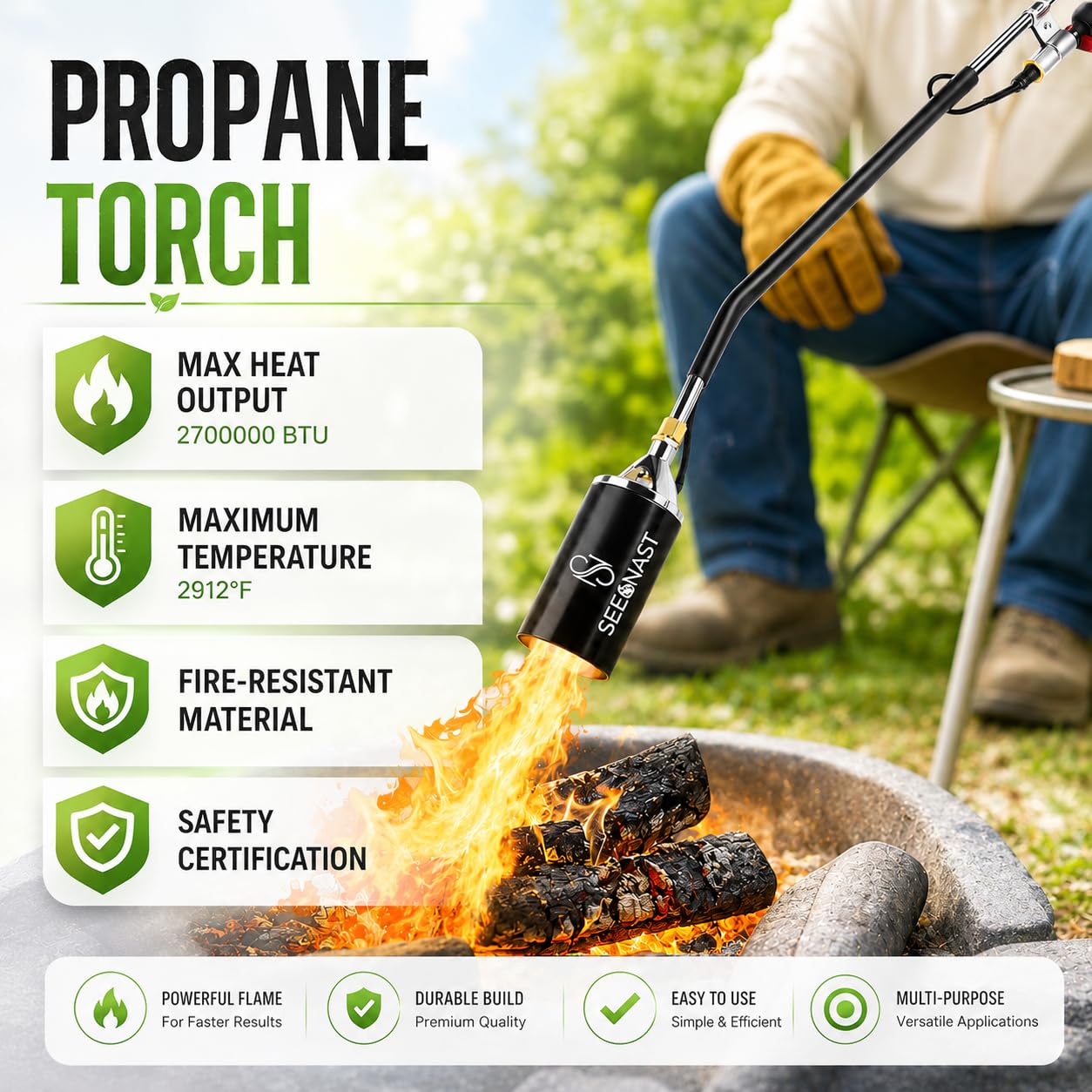 SeeNast Propane Torch Weed Burner showing built-in Piezo igniter