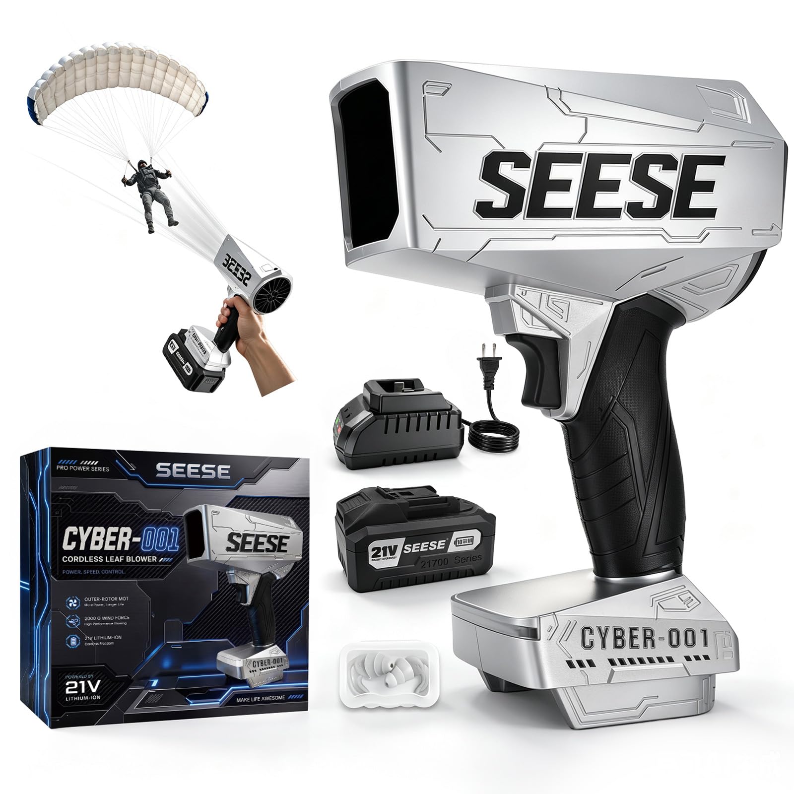 Seese Cyber Cordless Leaf Blower front view with ergonomic grip