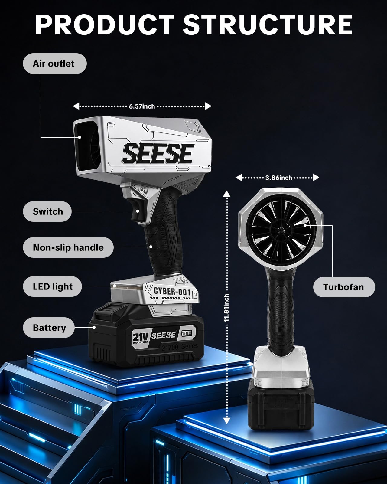 Seese Cyber Leaf Blower with packaging and accessories displayed