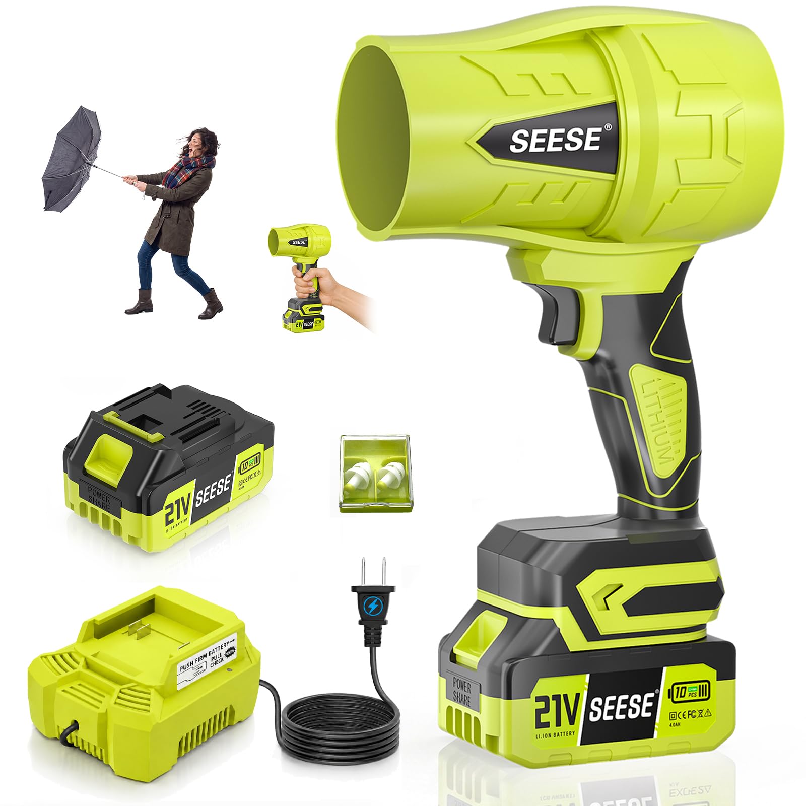 Seese Turbo Cordless Leaf Blower front view with ergonomic handle
