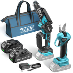 Seesii 2-in-1 Mini Chainsaw and Pruning Shears Combo set in navy blue