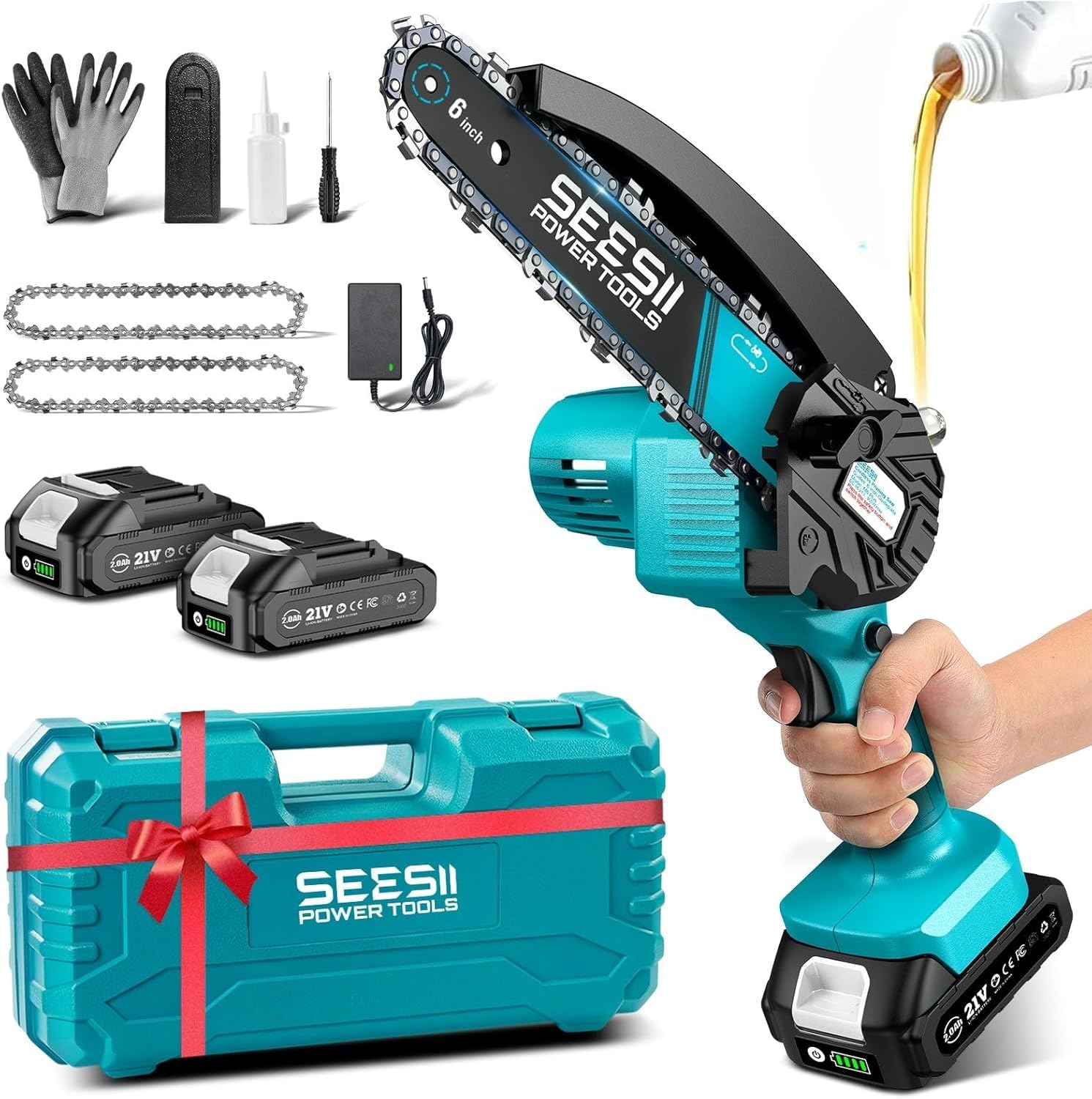 Seesii 6-inch mini chainsaw front view with light blue finish