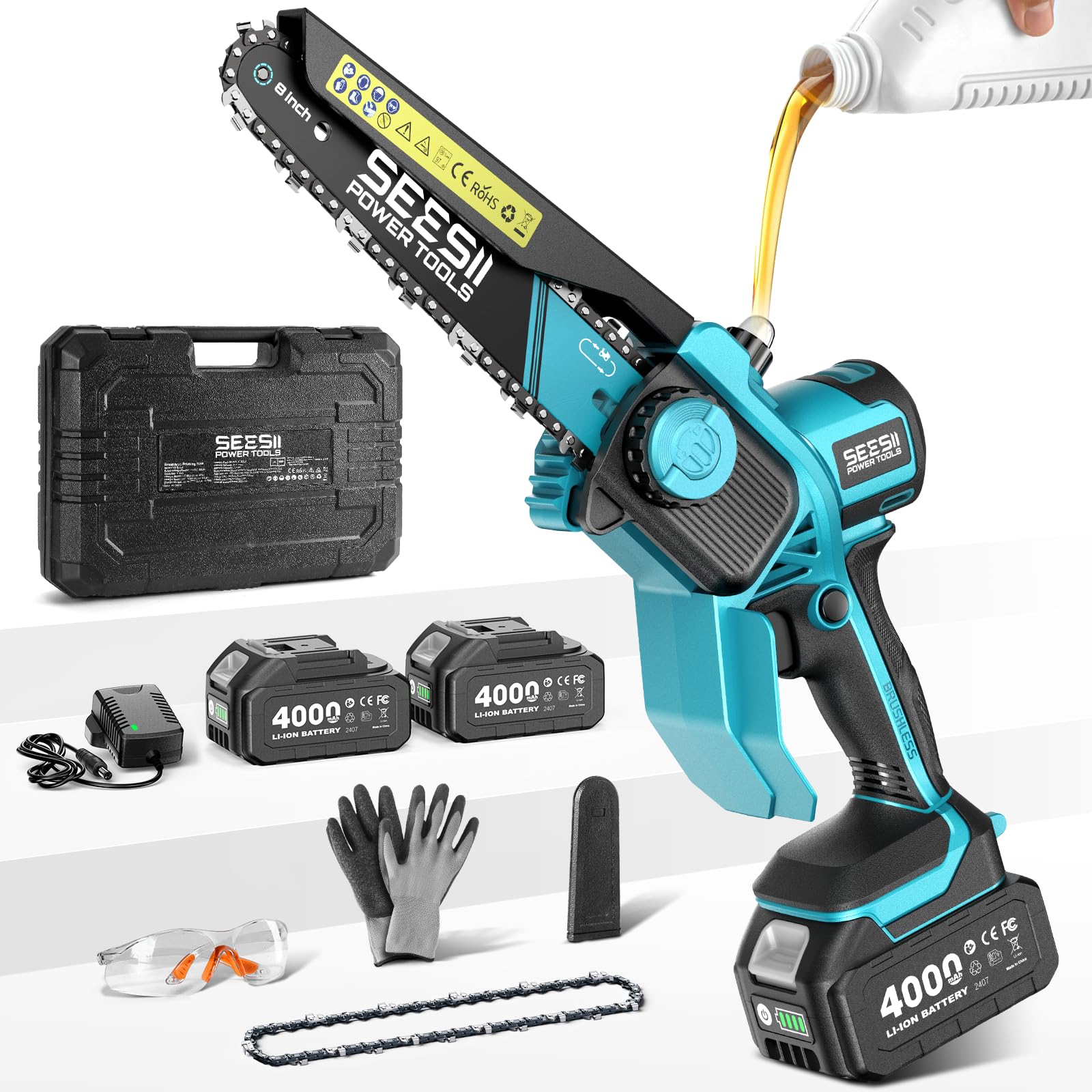 Seesii Cordless Mini Chainsaw front view with 8-inch blade