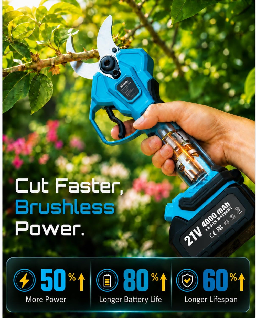 Seesii Electric Pruning Shears digital display showing battery life