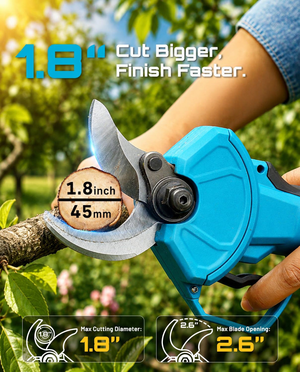 Seesii Electric Pruning Shears showing 2.6 inch blade opening
