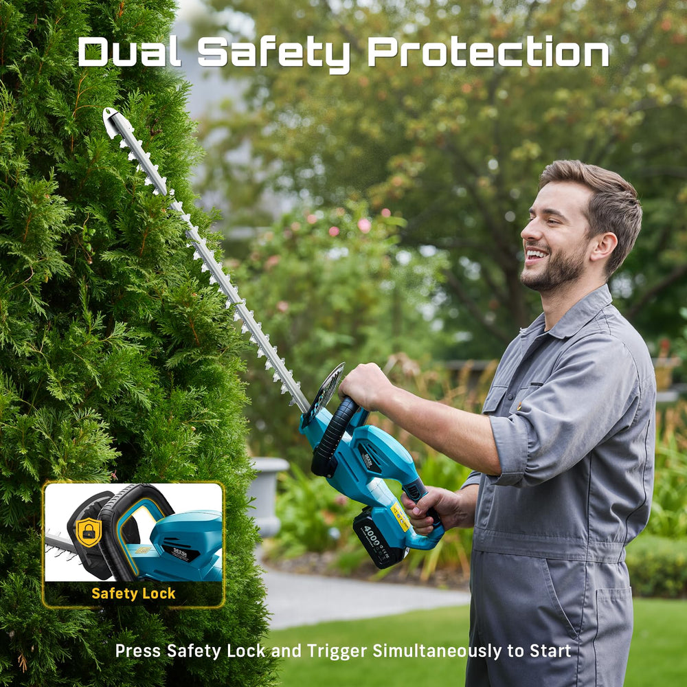 Seesii hedge trimmer with safety lock feature shown