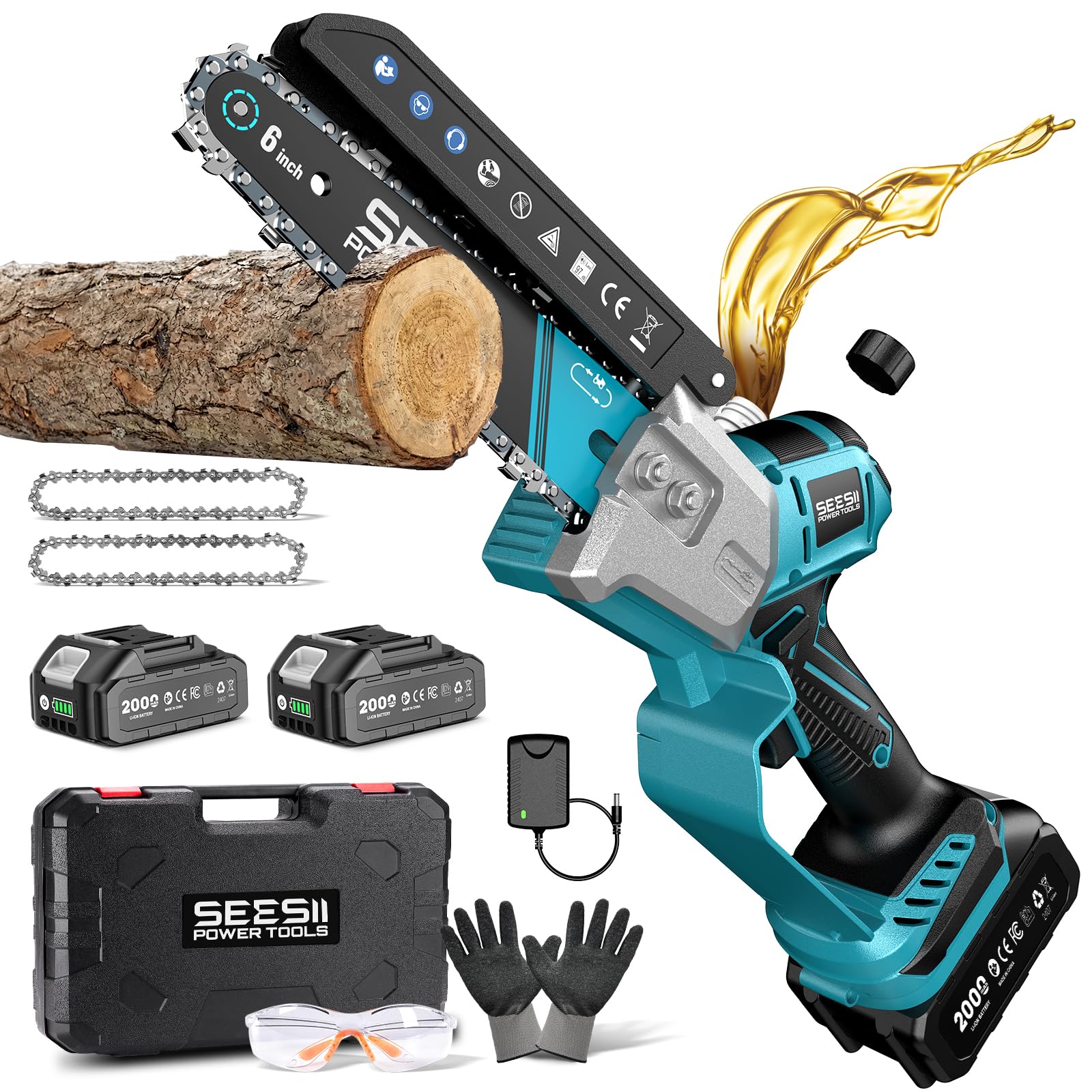Seesii Mini Chainsaw 6 Inch Brushless, front view