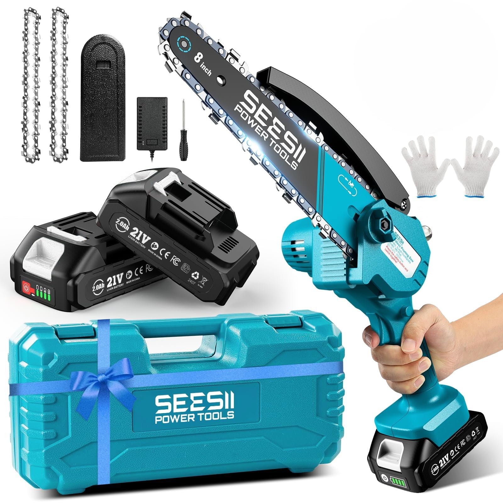 Seesii Mini Chainsaw 8-inch navy blue model front view