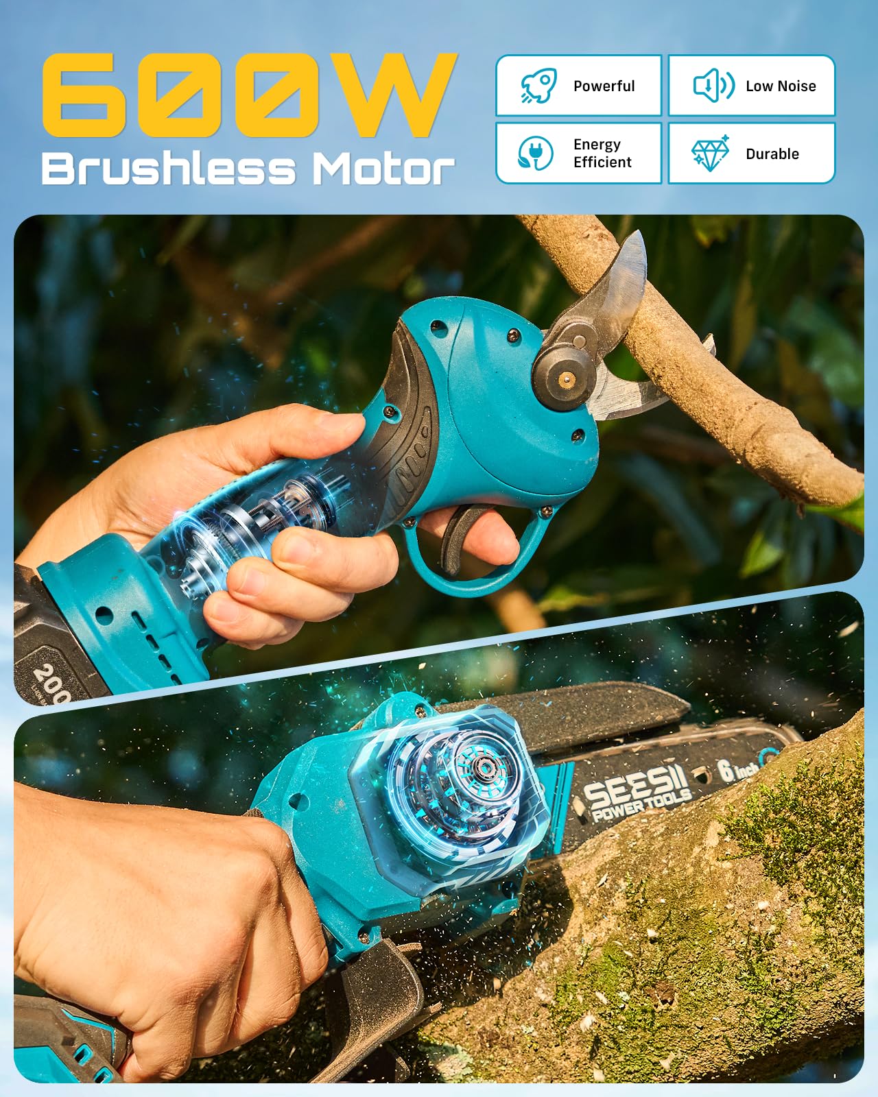 Seesii Mini Chainsaw cutting through a branch