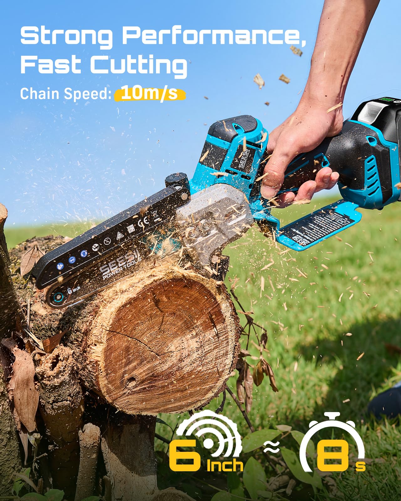 Seesii Mini Chainsaw in action cutting wood