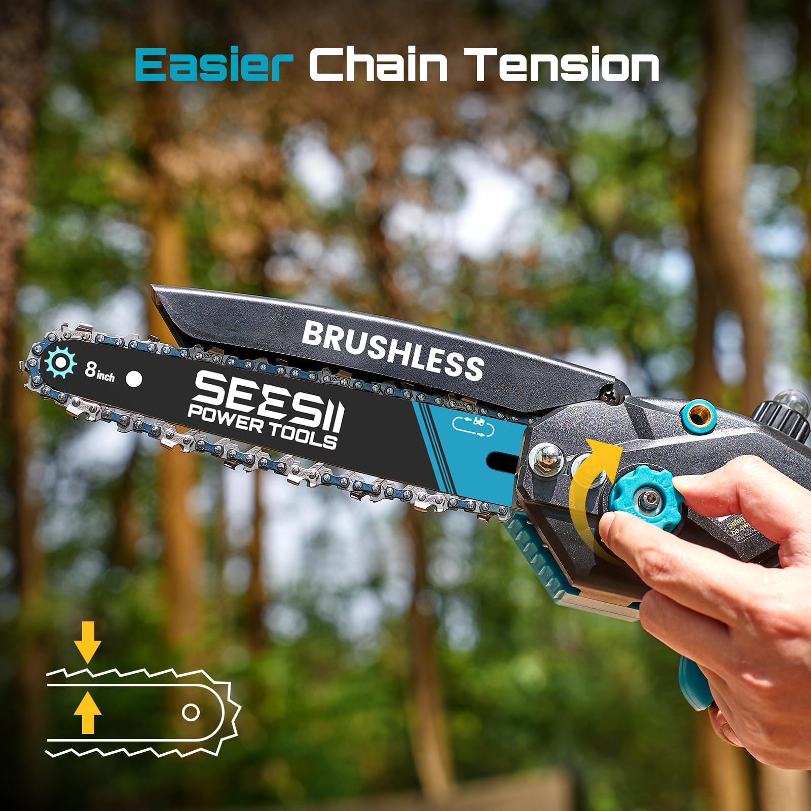 Seesii Mini Chainsaw in use cutting logs