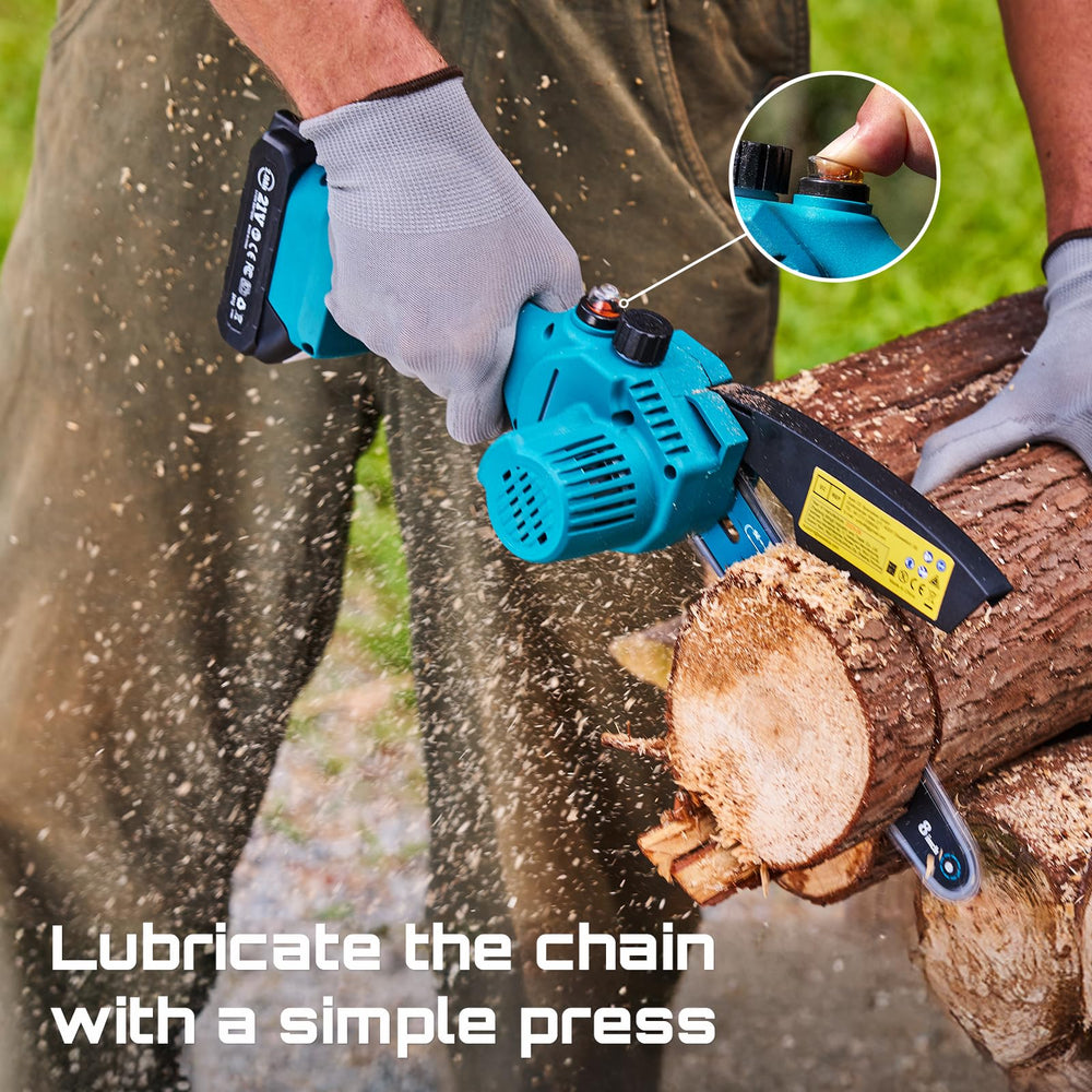 Seesii Mini Chainsaw showing the integrated splash guard