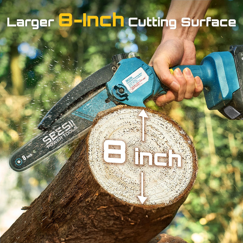 Seesii Mini Chainsaw side view showing battery compartment