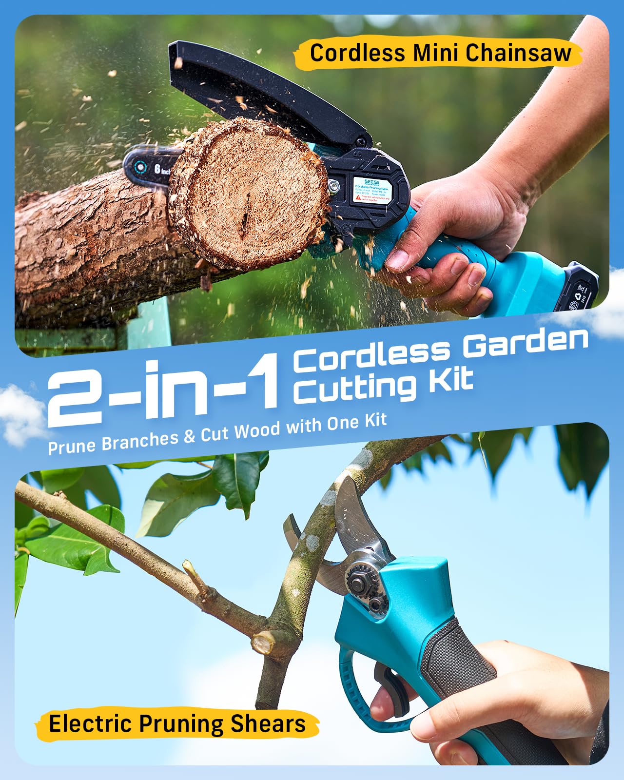 Seesii mini chainsaw with 6-inch guide bar and battery