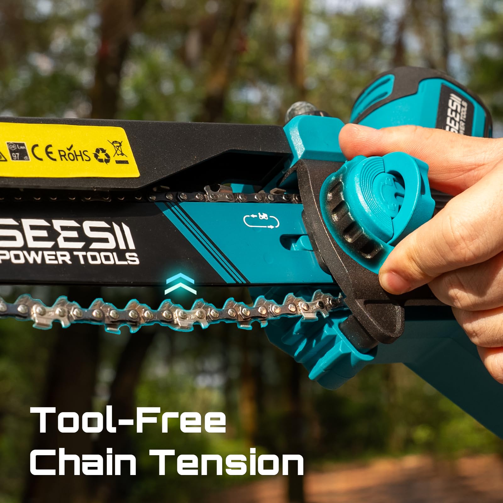 Seesii Mini Chainsaw with protective gear gloves and goggles