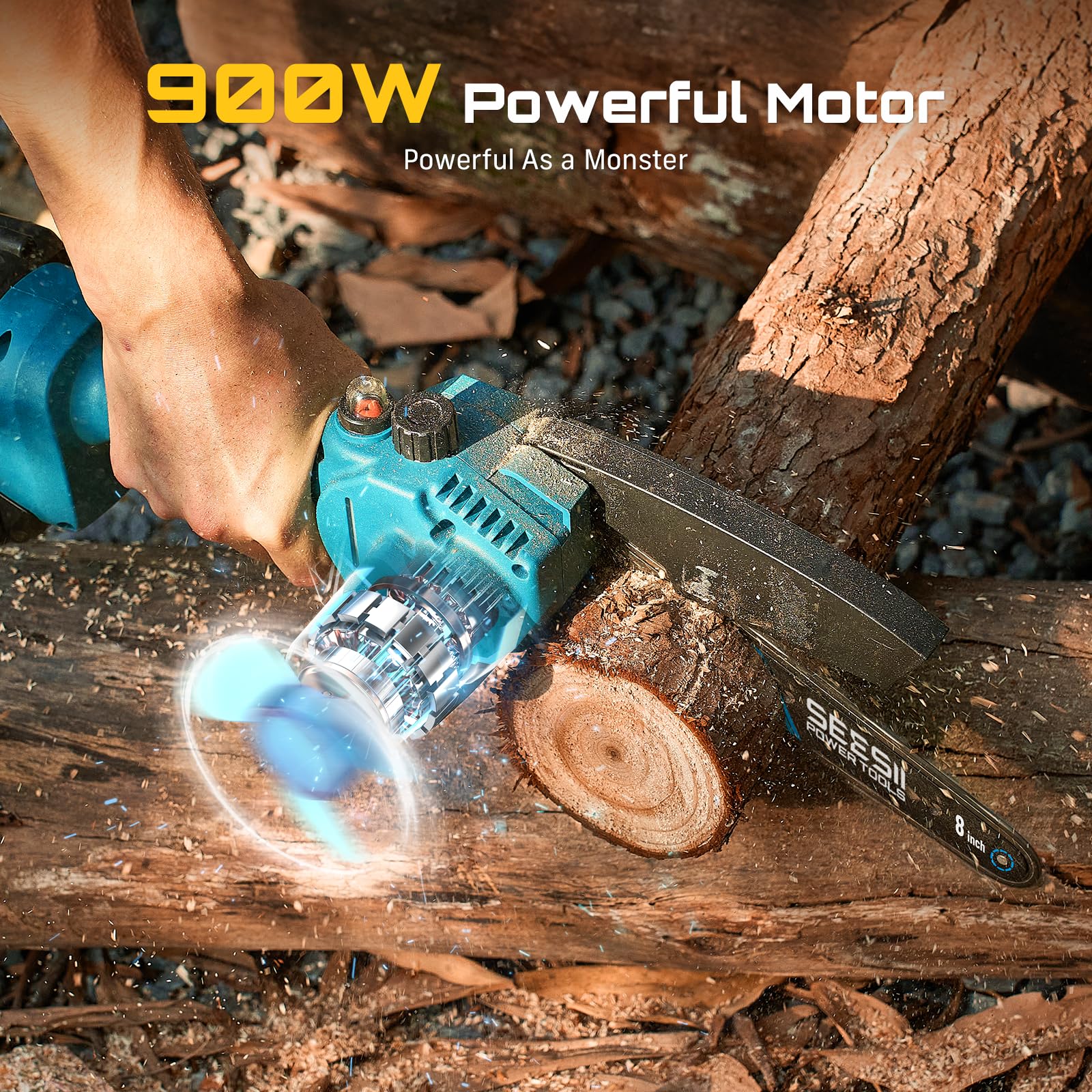 Seesii Mini Chainsaw with safety features highlighted