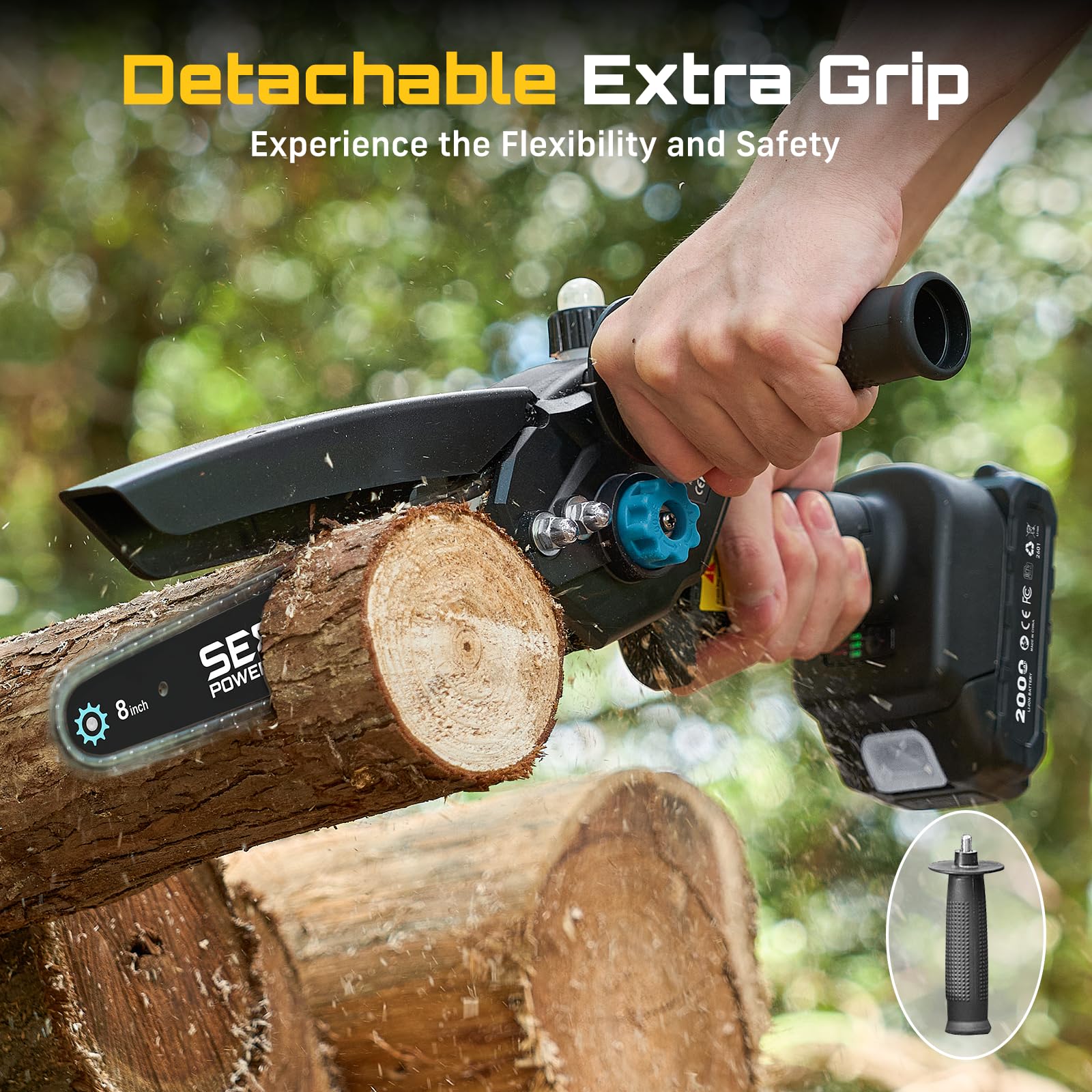 Seesii Mini Chainsaw with safety features highlighted