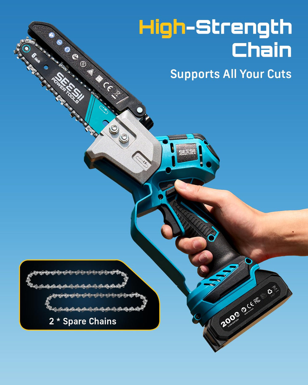 Seesii Mini Chainsaw with transparent oil tank view