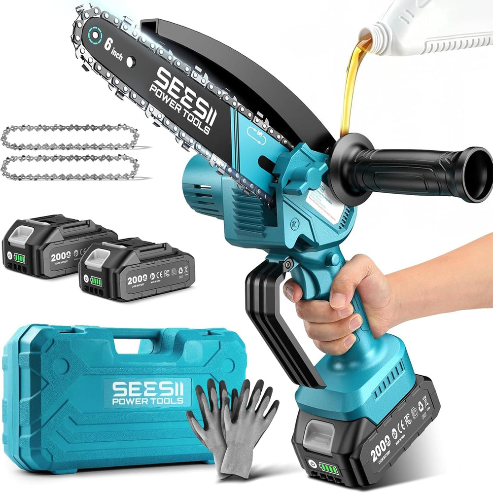 Seesii Mini Electric Chainsaw 6 Inch front view in slate blue