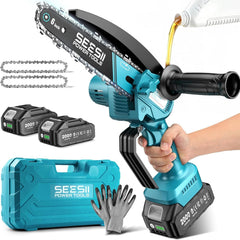 Seesii Mini Electric Chainsaw 6 Inch front view in slate blue