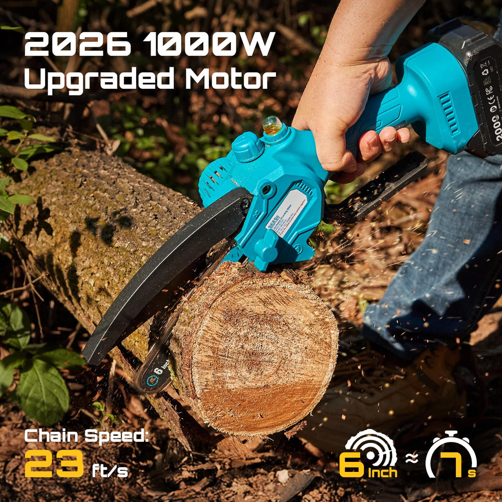 Seesii Mini Electric Chainsaw showing the motor and design