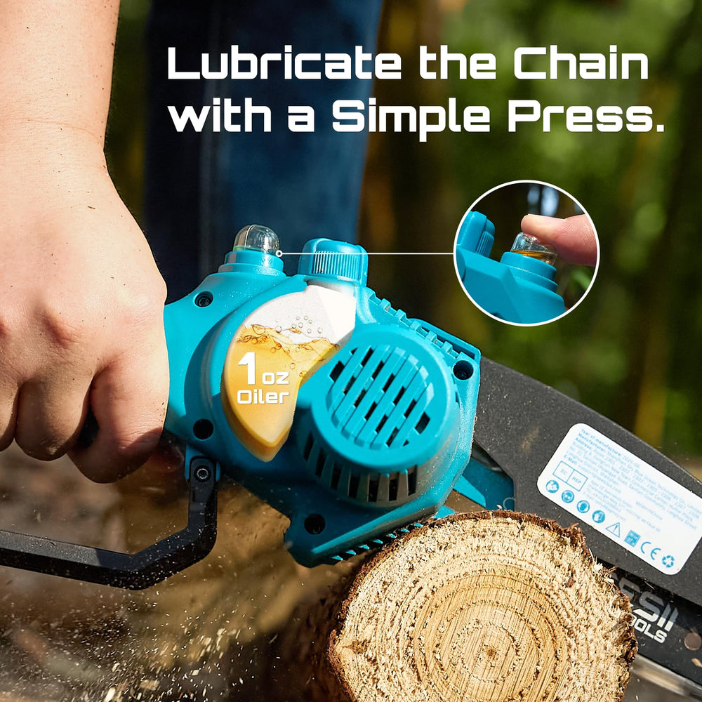 Seesii Mini Electric Chainsaw side view with safety features