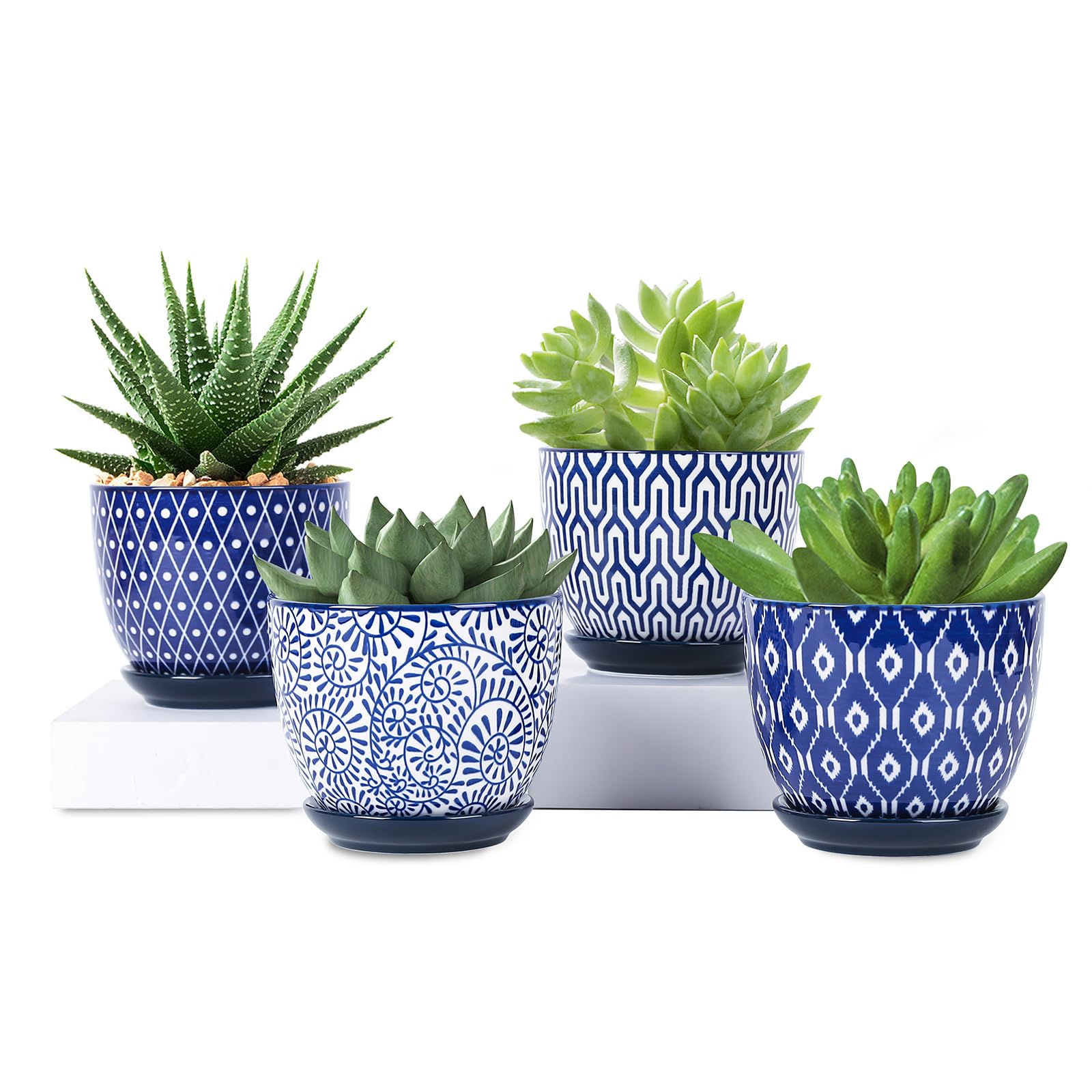 Selamica 4.6 Inch vintage blue ceramic plant pot front view