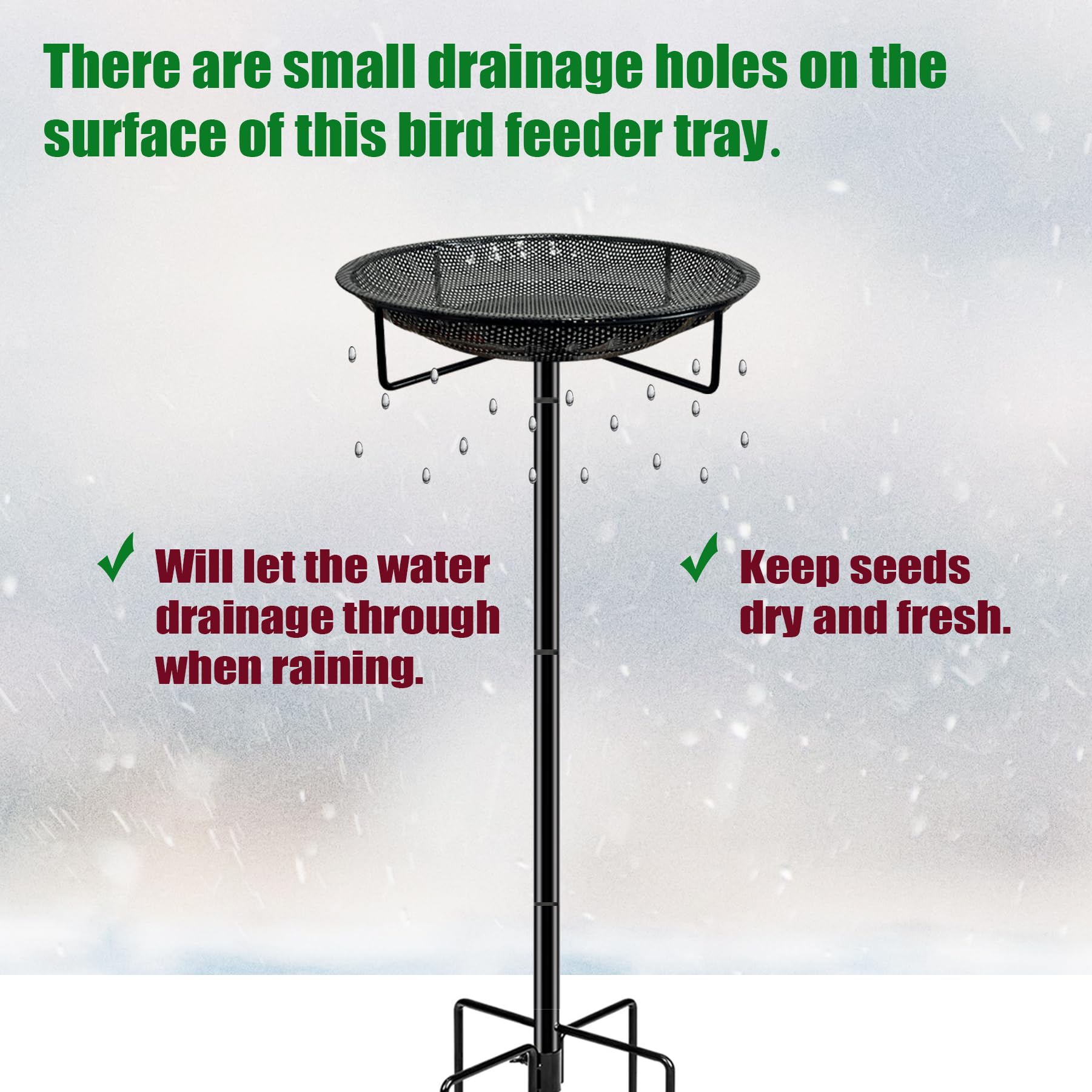 Self-draining holes on the bird feeder tray surface
