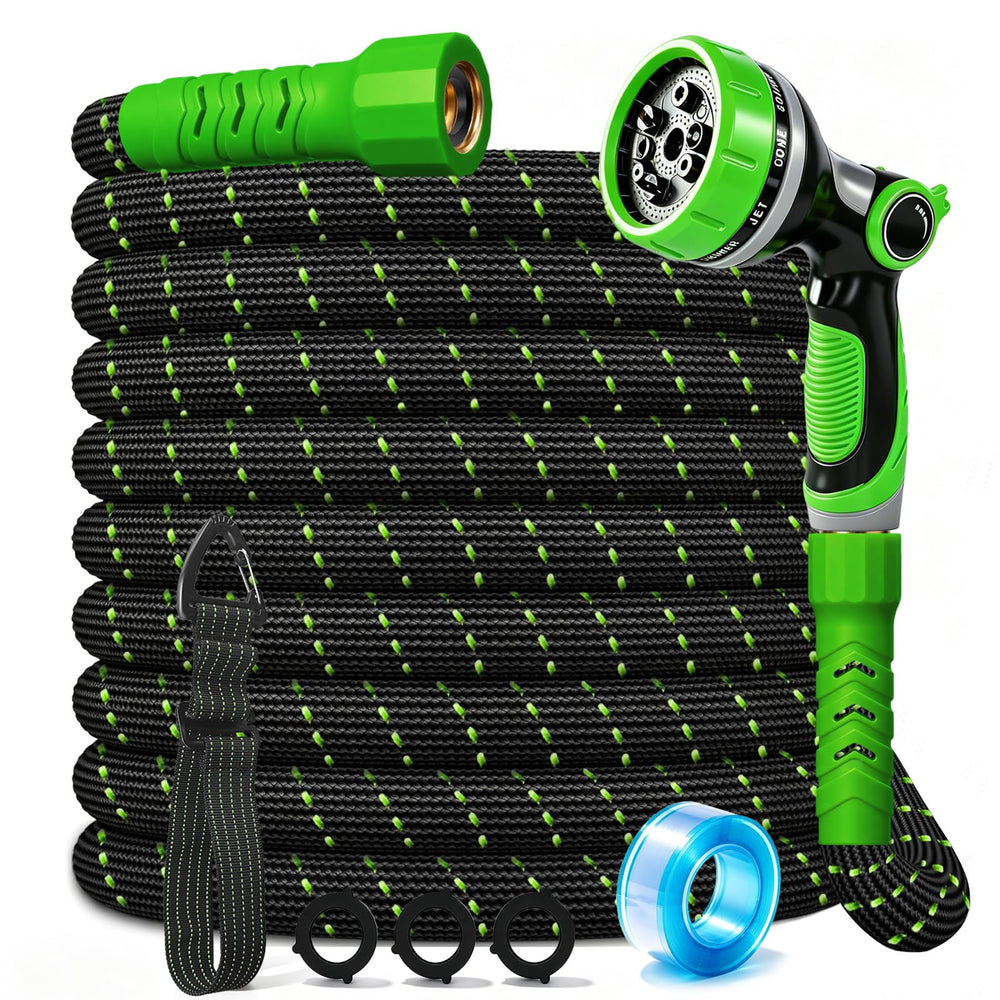 Semifrut 25FT flexible garden hose with 10-pattern nozzle, green-black