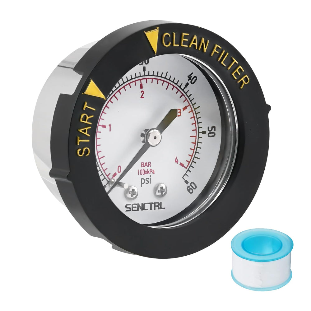 senctrl 0-60 Psi Pool Filter Pressure Gauge close-up of stainless steel casing