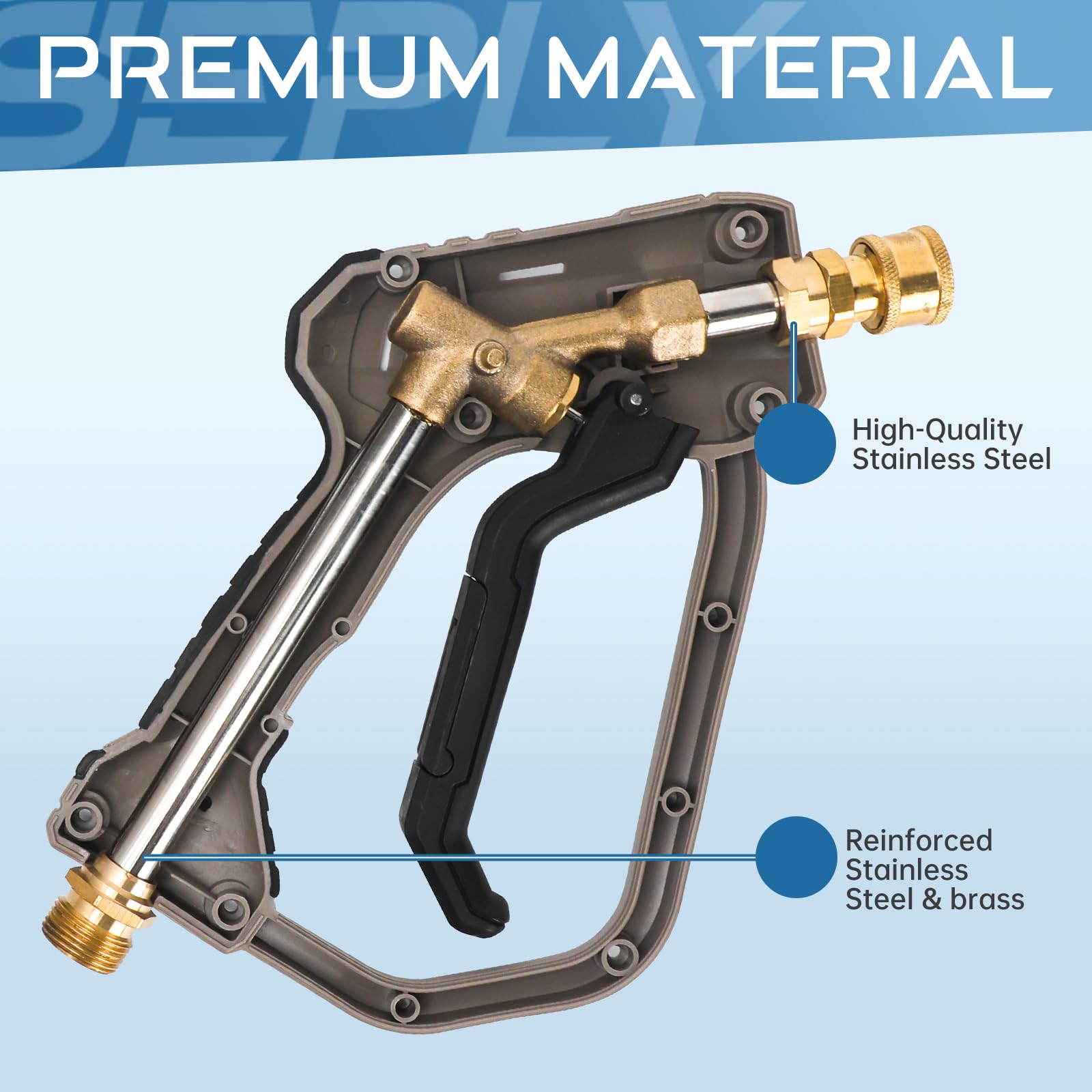 SEPLY pressure washer short gun showing five included nozzles