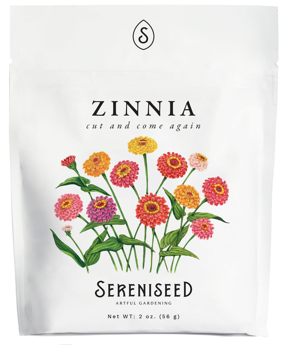 Sereniseed Cut and Come Again Zinnia Seeds 2 oz pouch front view