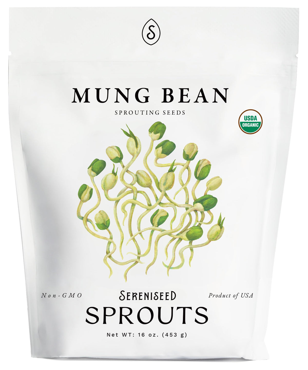 Sereniseed Organic Mung Bean Sprout Seeds 16 oz package front view