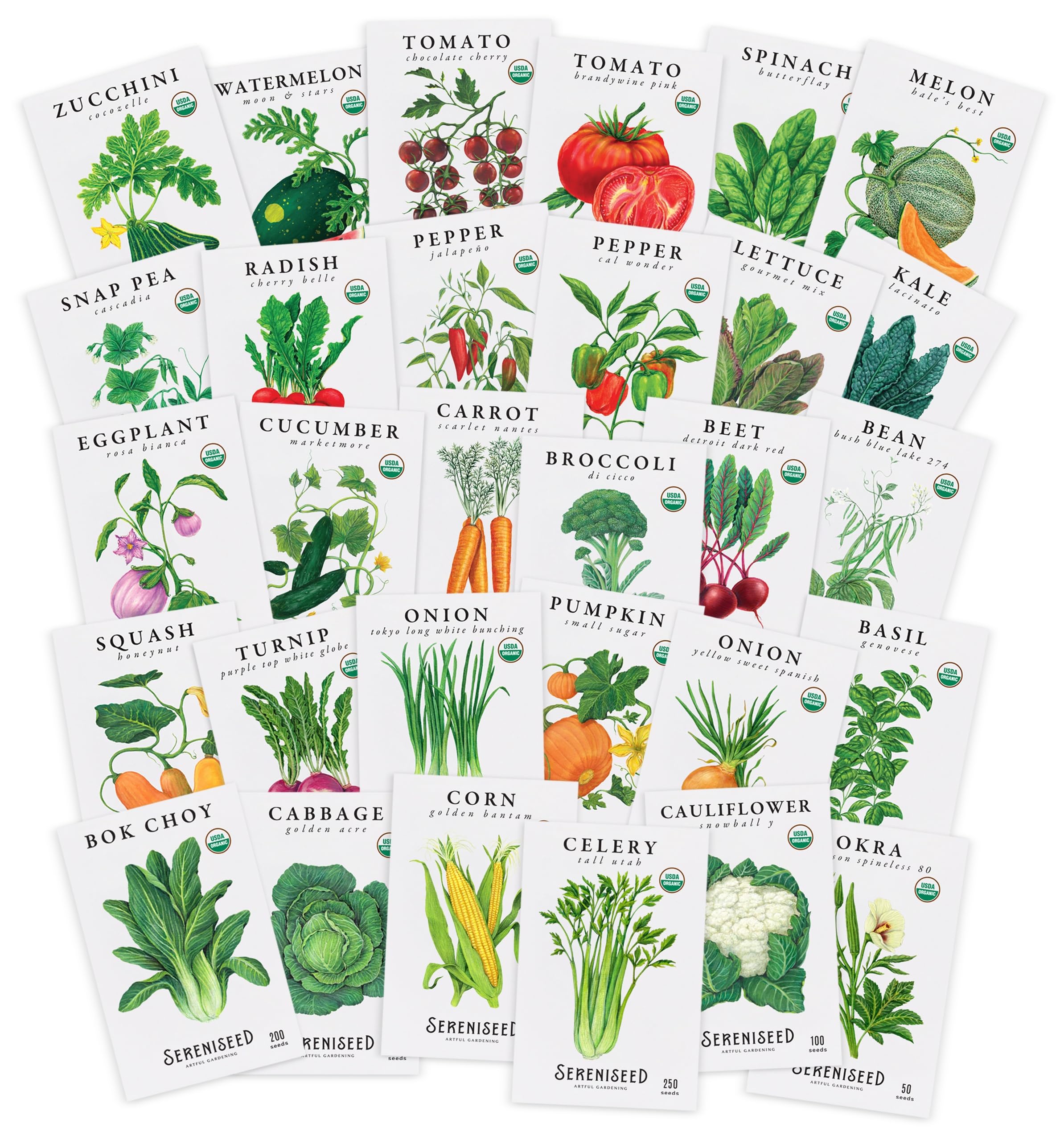 Sereniseed Organic Vegetable Seeds 30-Pack front view with assorted seed packets