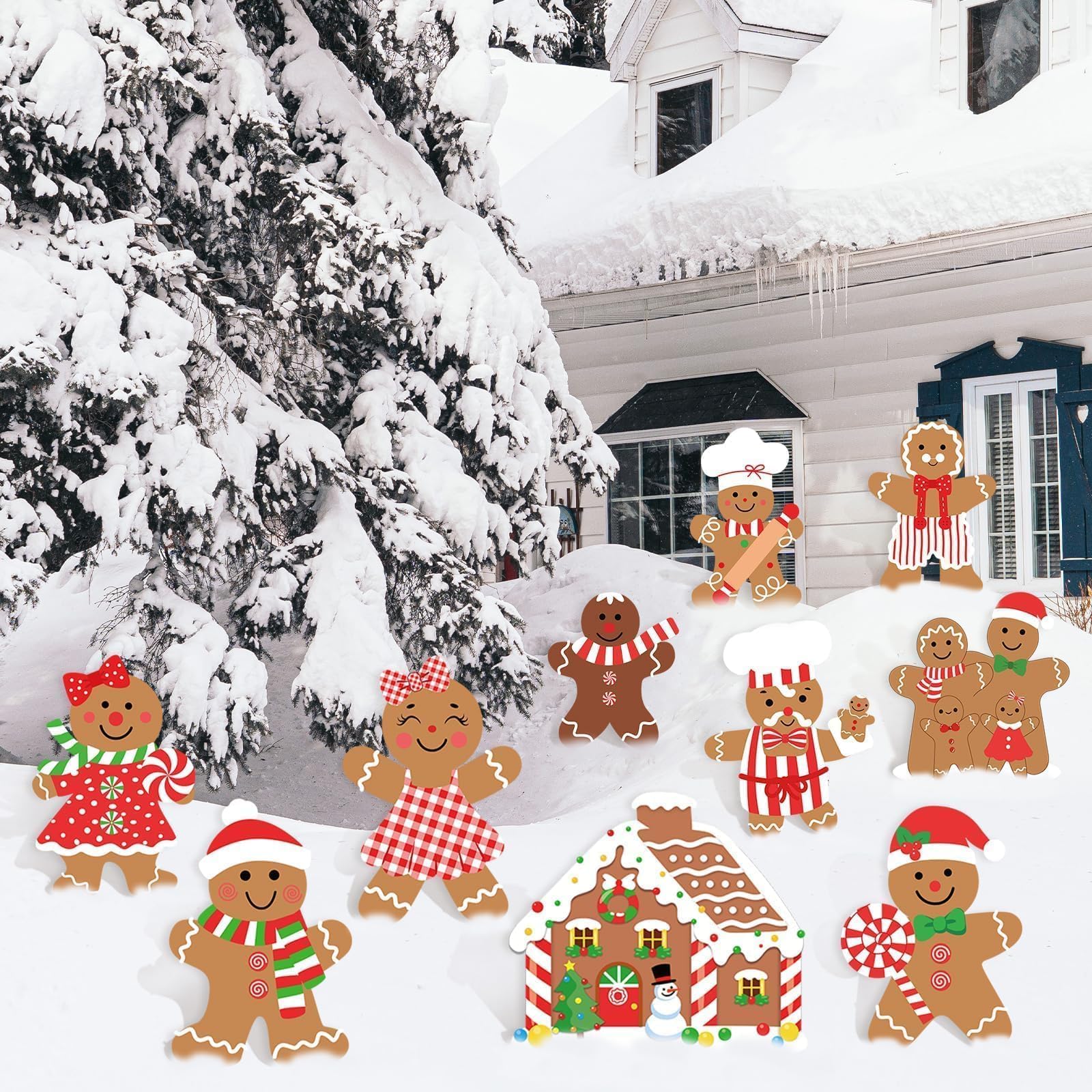 Set of 10 Christmas Gingerbread Yard Signs displayed in a garden