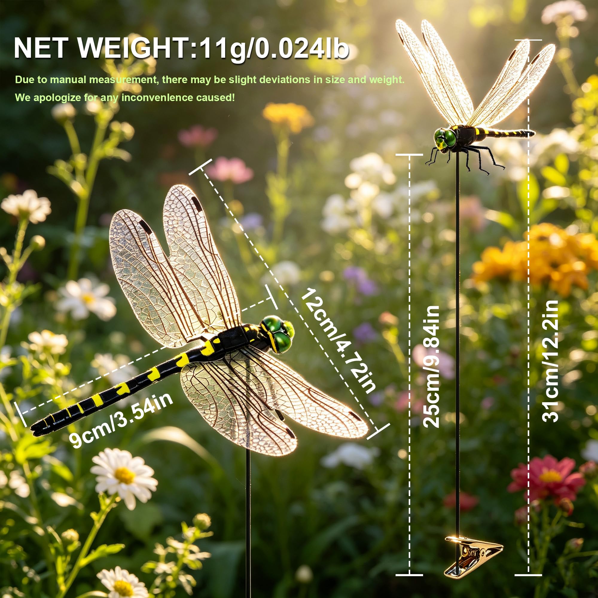 Set of 12 dragonfly clips displayed in a garden setting