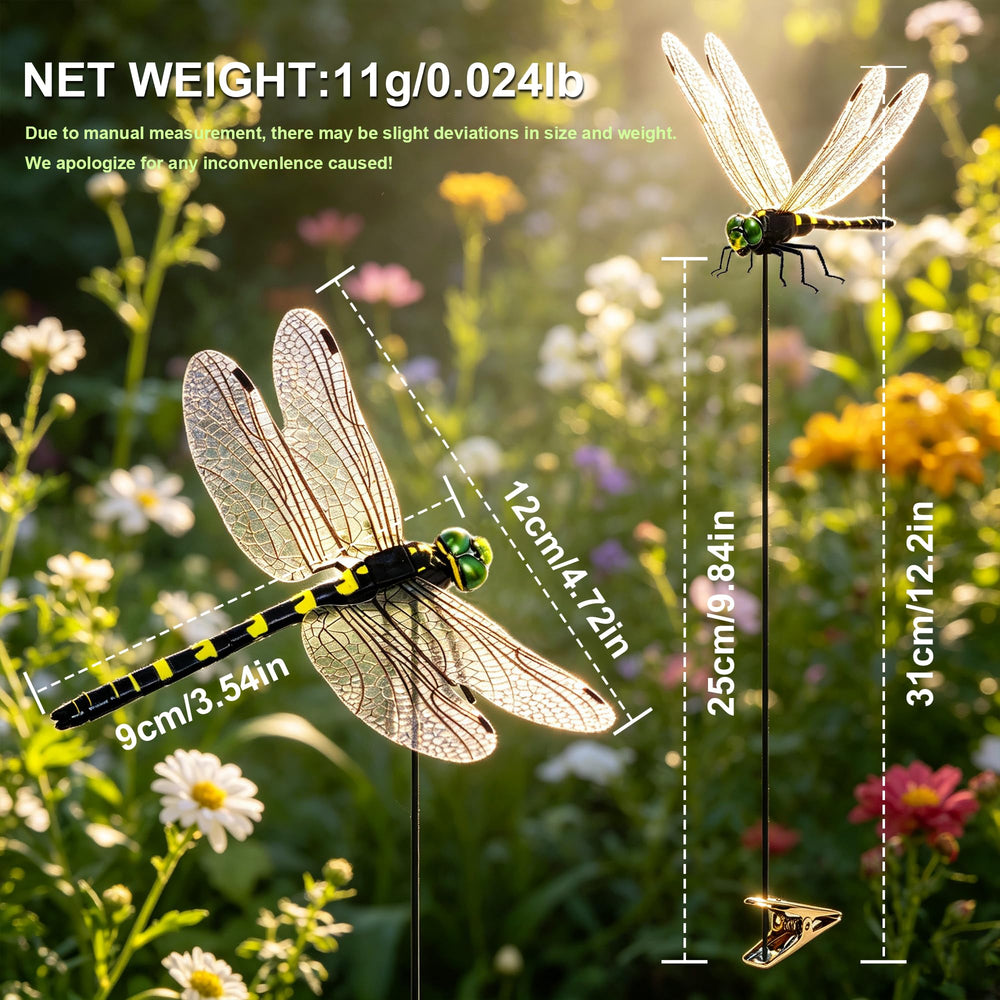 Set of 12 dragonfly clips displayed in a garden setting